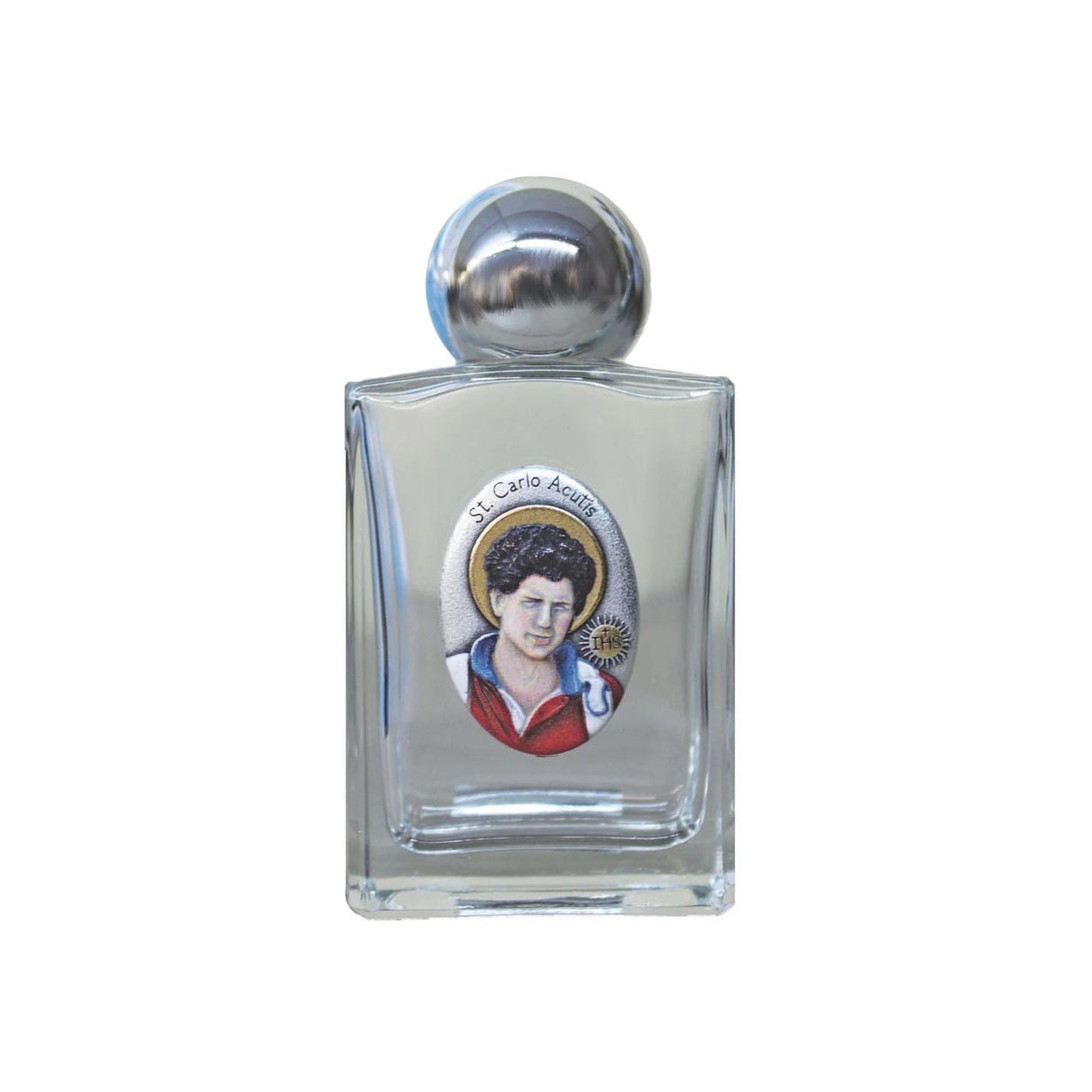 St Carlo Acutis Holy Water Bottle in Glass Color Medallion