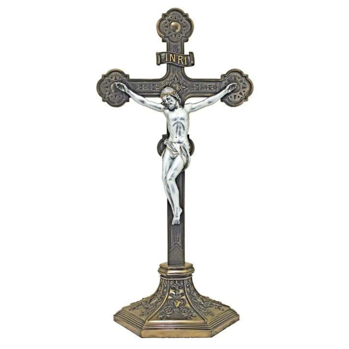 22 inch Standing Ornate Crucifix :2 Tone Bronze & Pewter Finish