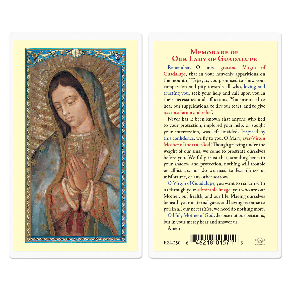 Our Lady of Guadalupe Holy Cards with Memorare Prayer E24-250