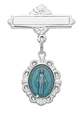 Baby Sterling Miraculous Medal on Bar Pin with Blue Enamel  426LT