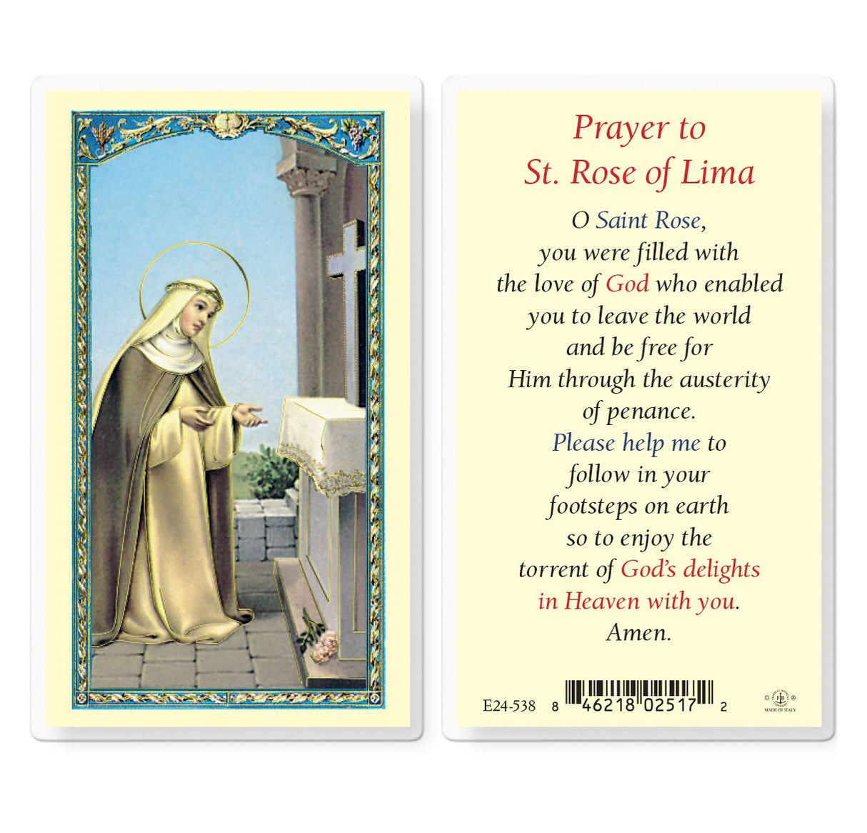 Prayer to St Rose of Lima Laminated Holy Card - E24-538