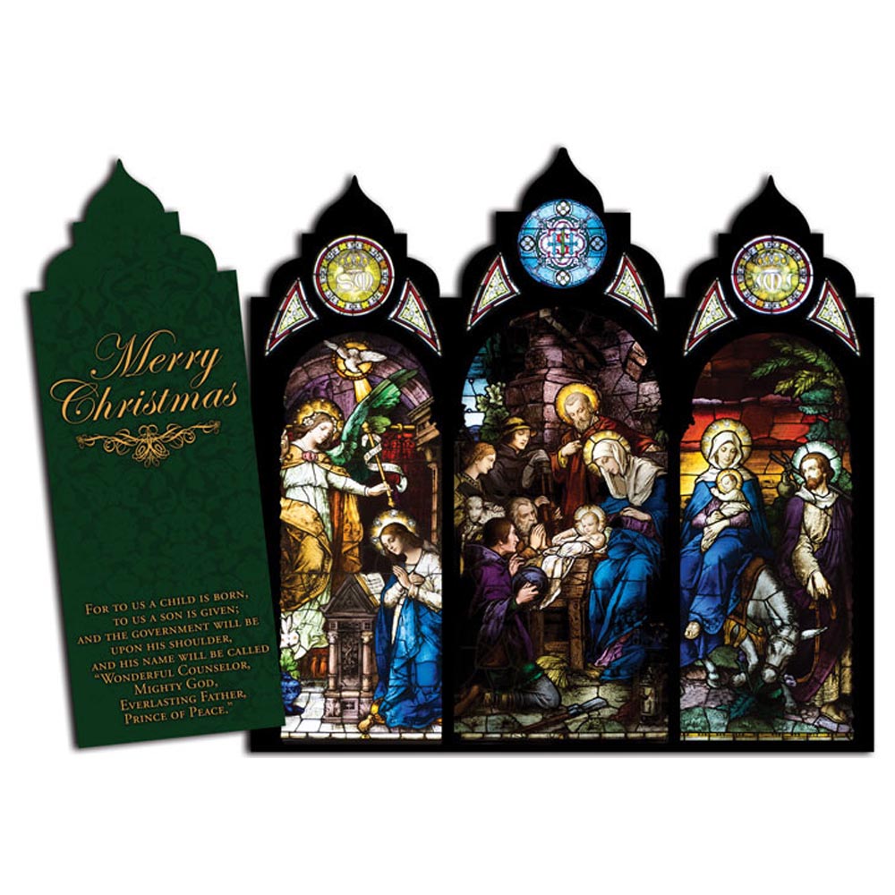 Deluxe Trifold Stained Glass Nativity Cards - 12 count bag