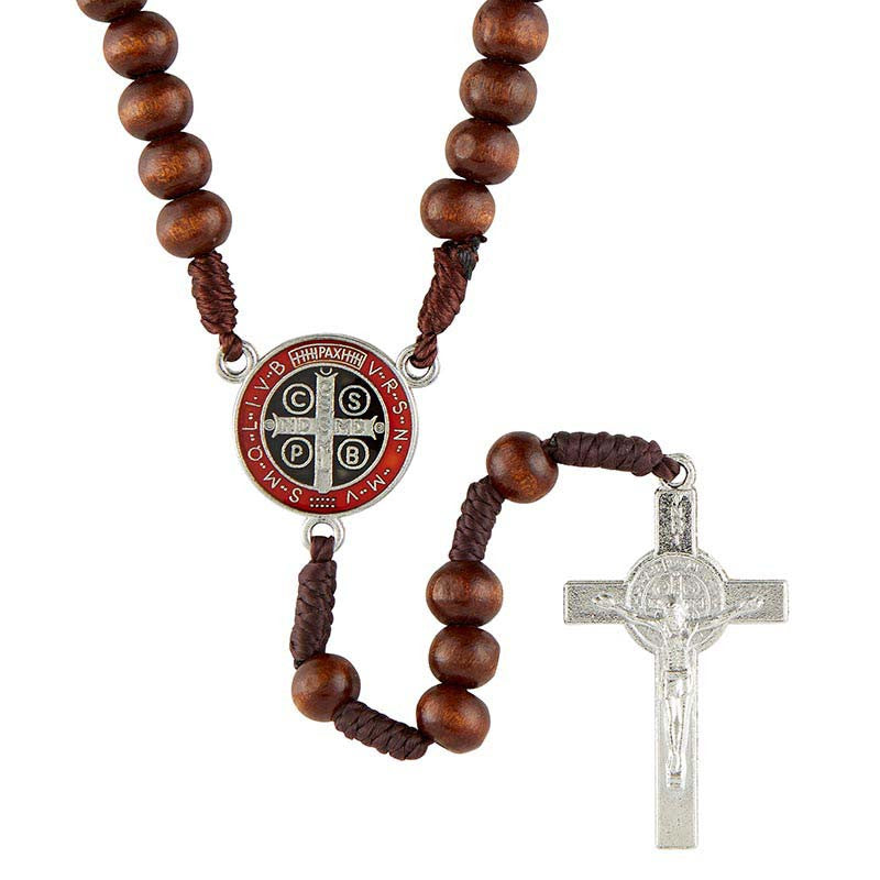 Brown St Benedict Wood & Cord Rosary BK-12194
