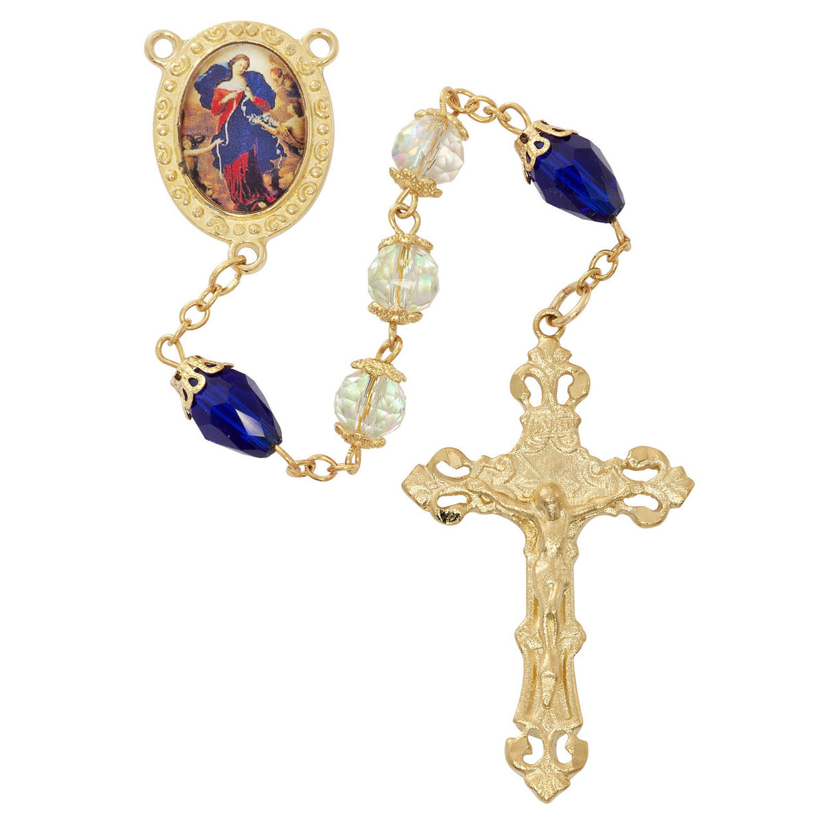Our Lady Undoer of Knots Gold Plate Rosary with Photo Center