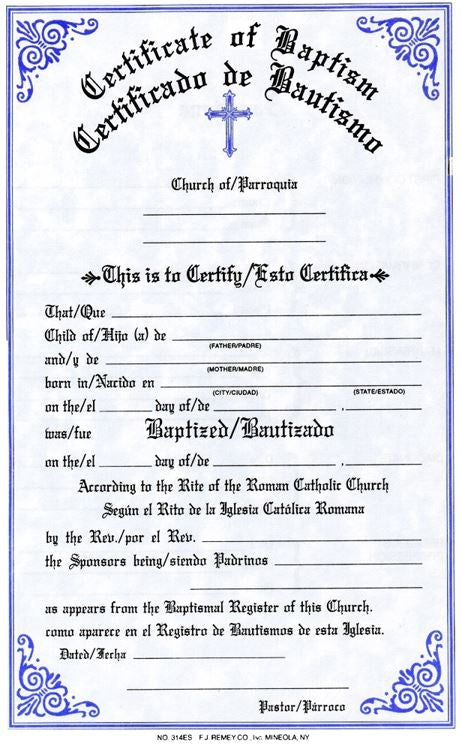 Bilingual Economy Baptism Certificate Pads 314ES