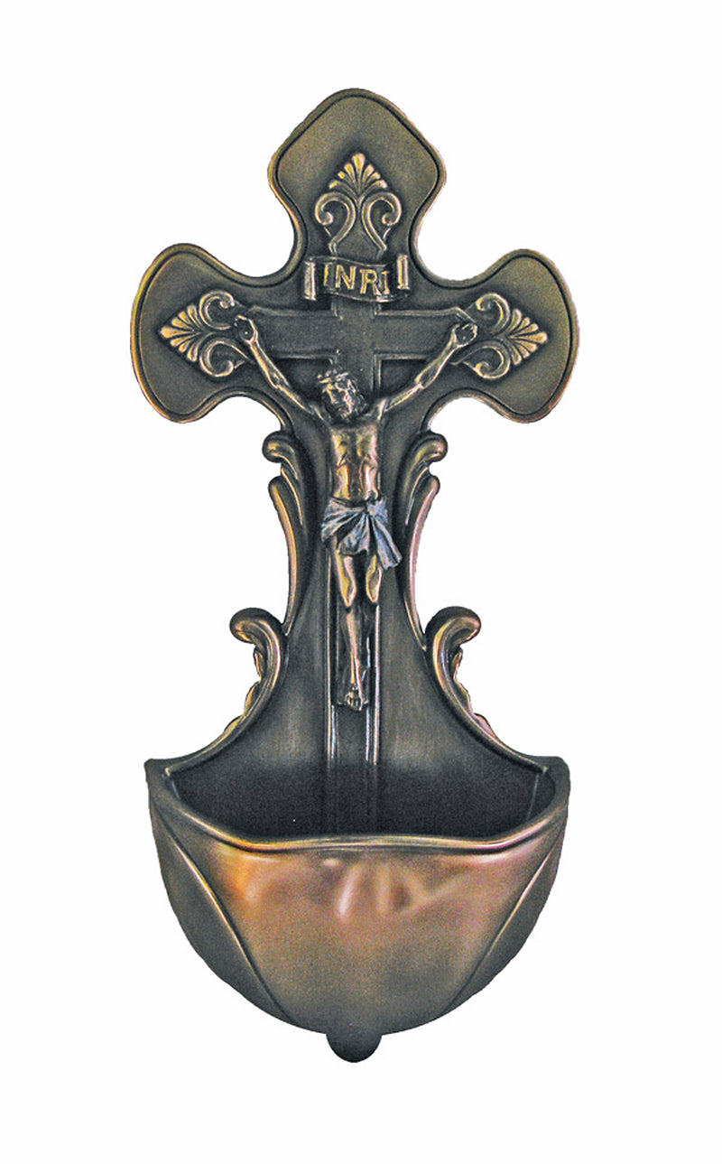 Crucifix 7.5 inch Holy Water Font in Cold Cast Bronze