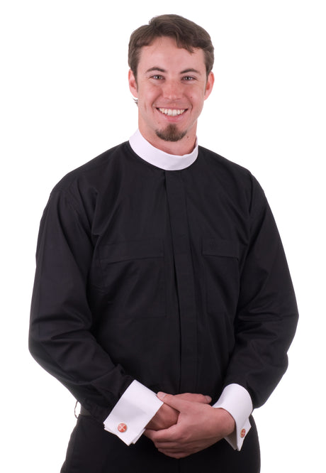 Black Neckband Clergy Shirt with White French Cuffs