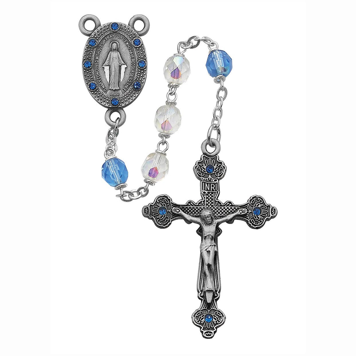 Deluxe 7mm Aurora & Blue Our Father Crystal Rosary no. R122DF