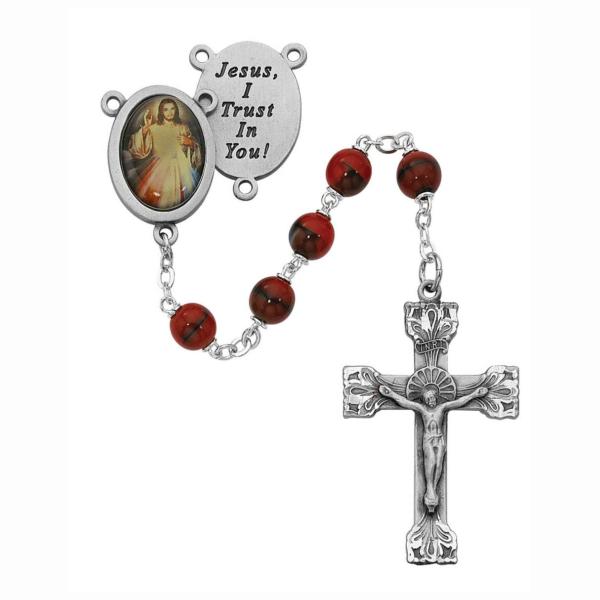 Deluxe 7mm Red Marbelized Glass Divine Mercy Rosary R254DF