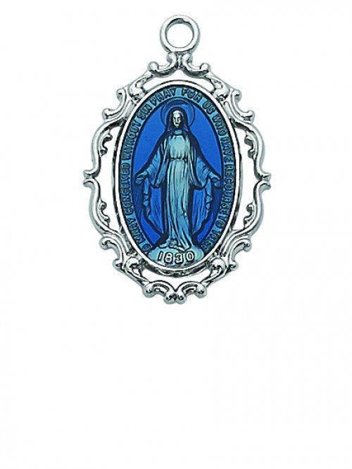 Sterling SIlver Miraculous with Fancy Scrolled Edge & Blue Center