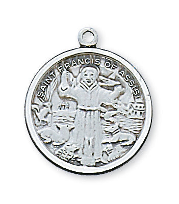 Round Sterling St Francis of Assisi Medal in 18" Chain L415
