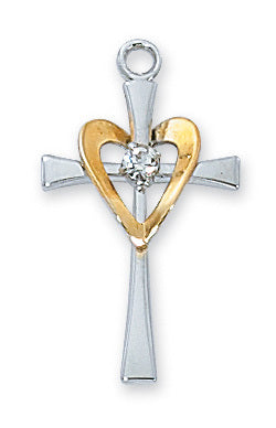 SIlver Cross with Gold Heart and Stone Pendant L9117