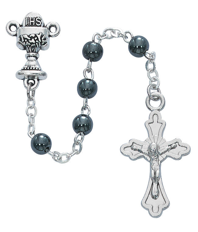 Hematite First Communion Rosary in Clear Cross Box