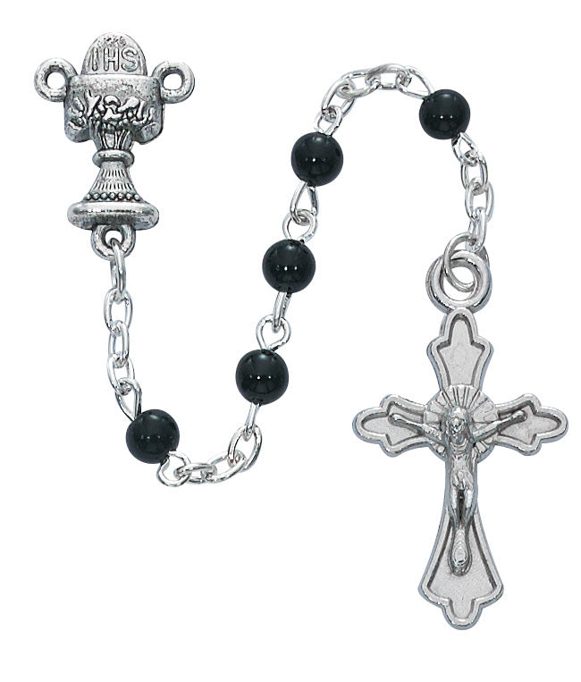 Black First Communion Rosary in Cross Box