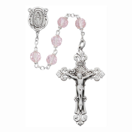 7mm Pink Tincut and Rhodium Rosary R479RF
