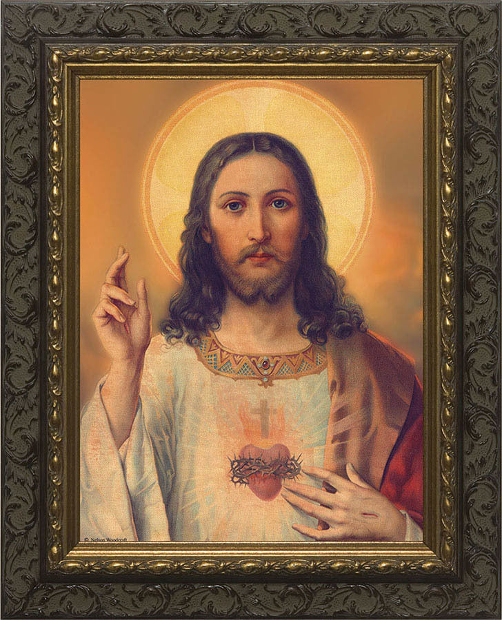 Antique Sacred Heart in Dark Ornate Frame