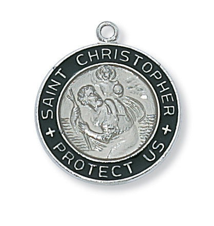 Saint Christopher Sterling Black & White Enameled Medal  L2014BW