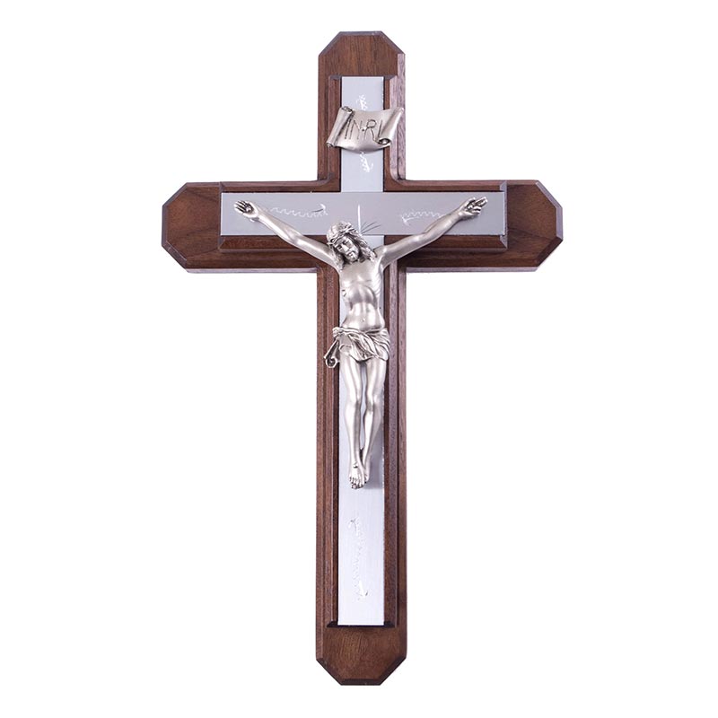 13 inch Walnut Sick Call Crucifix Set with Silver Metal Inlay