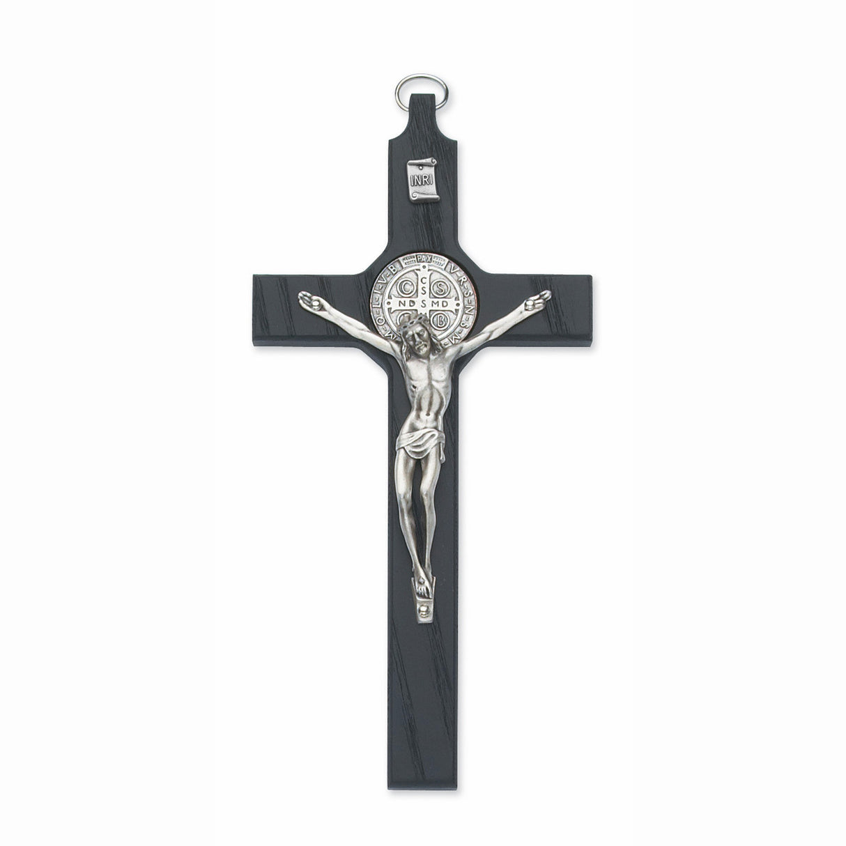 Black Wood Saint Benedict Wall Crucifix with Pewter Corpus - 8 inches in length