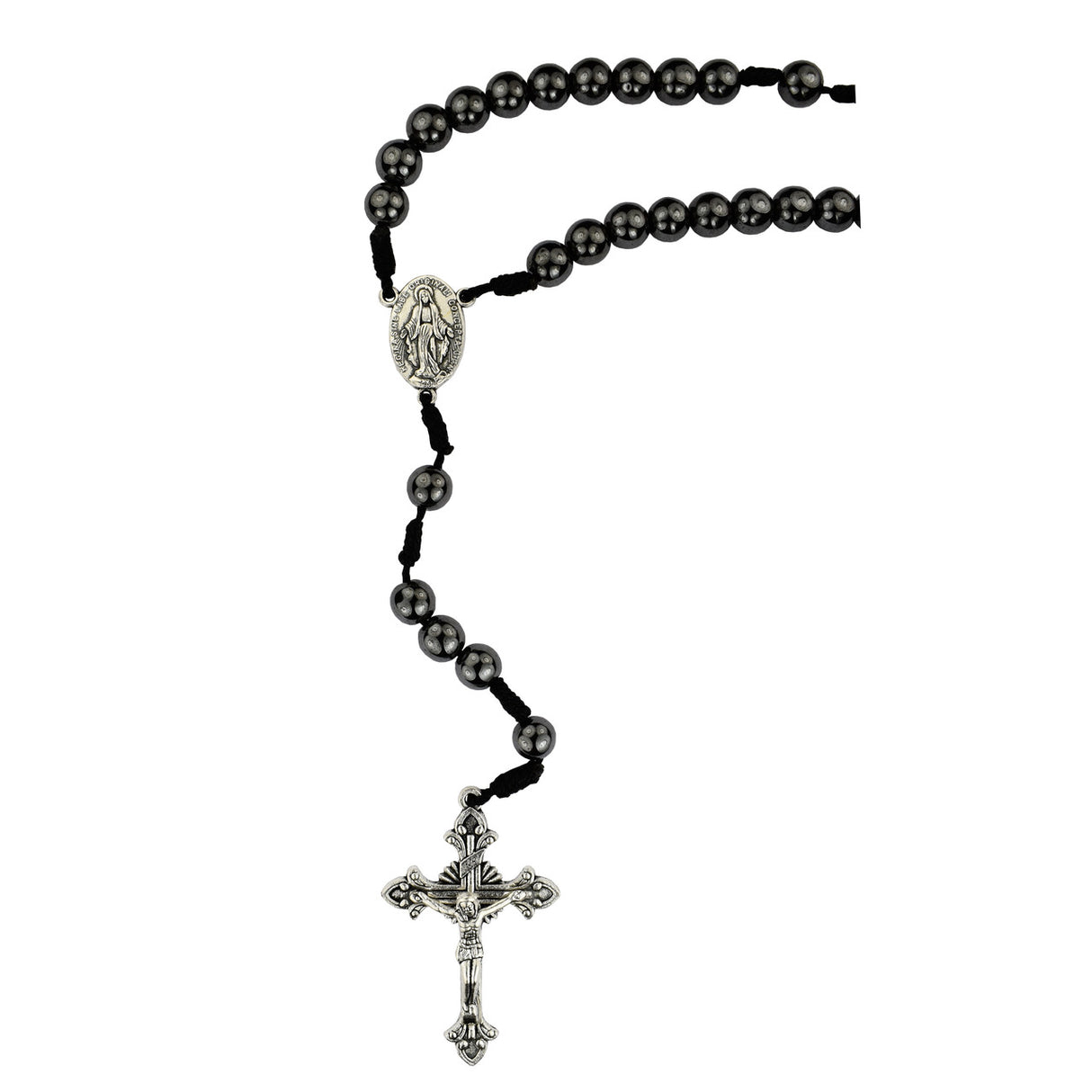 Corded Miraculous Hematite Rosary from Italy P388C