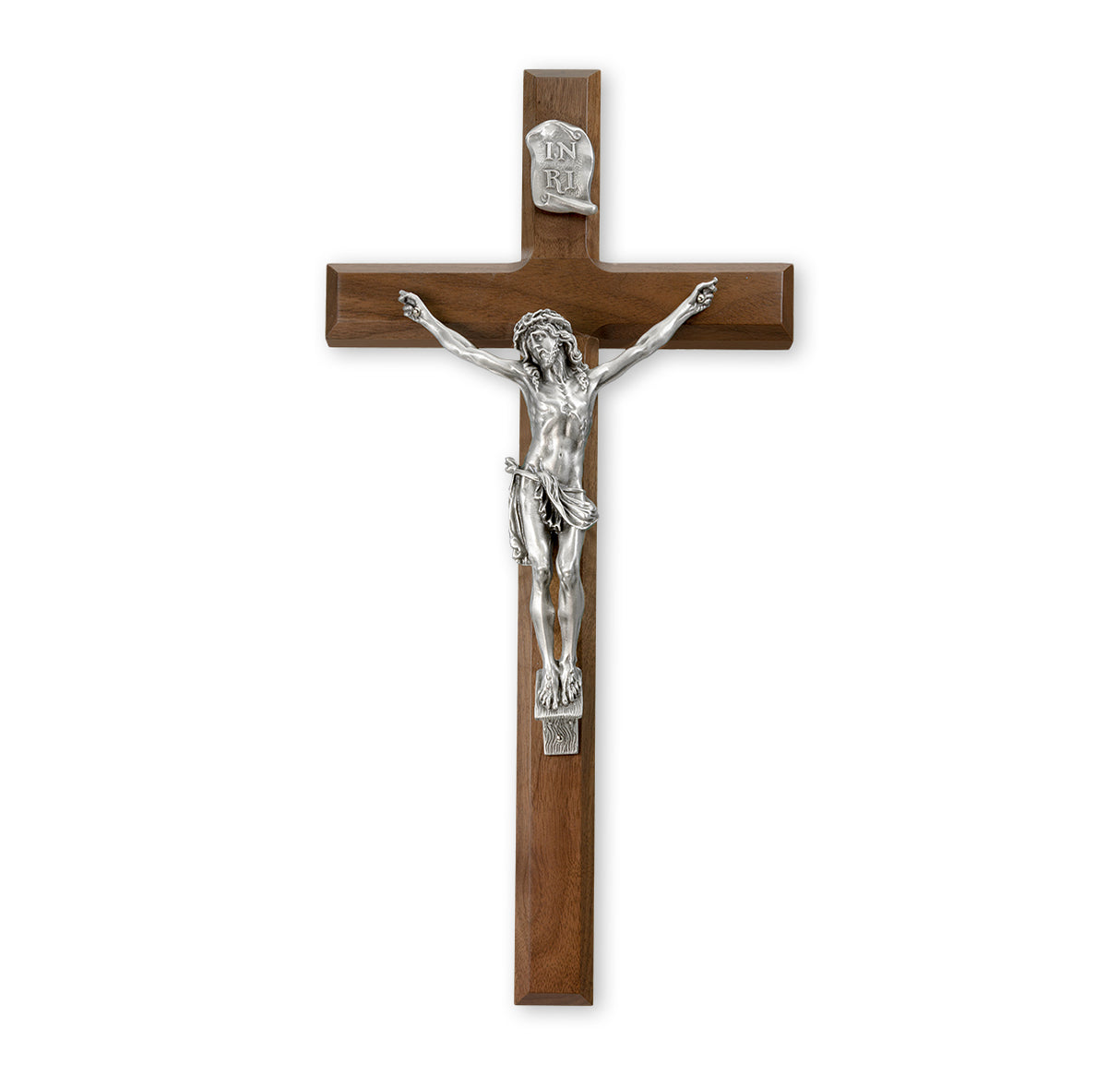 15 inch Pewter Christ in Agony Walnut Crucifix