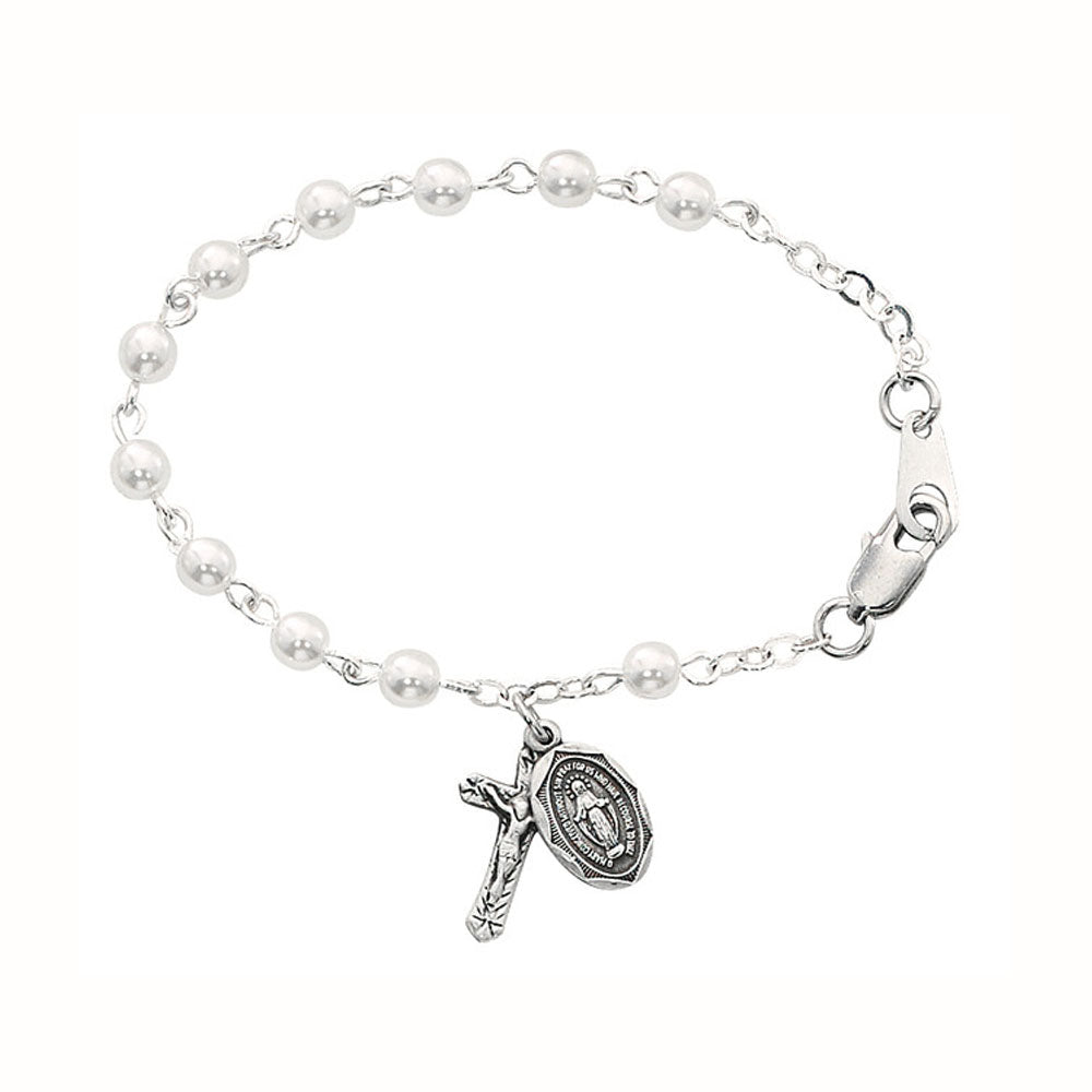 Sterling Silver Baby Rosary Bracelet with Pearl Glass Beads  BR177