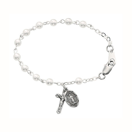 Sterling Silver Baby Rosary Bracelet with Pearl Glass Beads  BR177