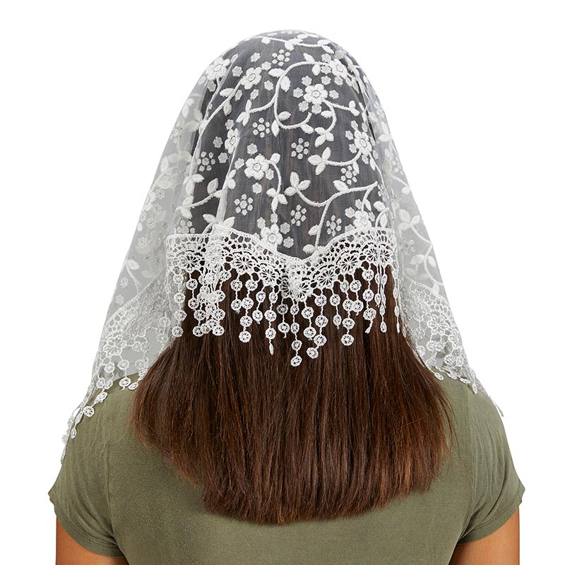 White Long Chapel Veil with Tassels
