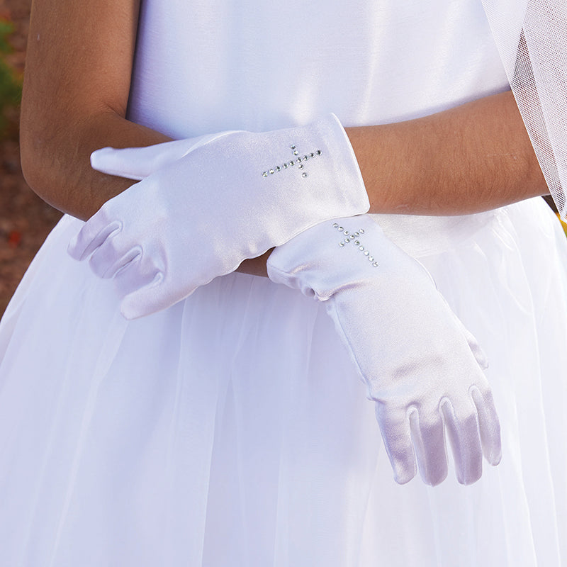 White Satin Gloves with Pearl Cross