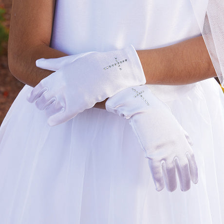 White Satin Gloves with Pearl Cross