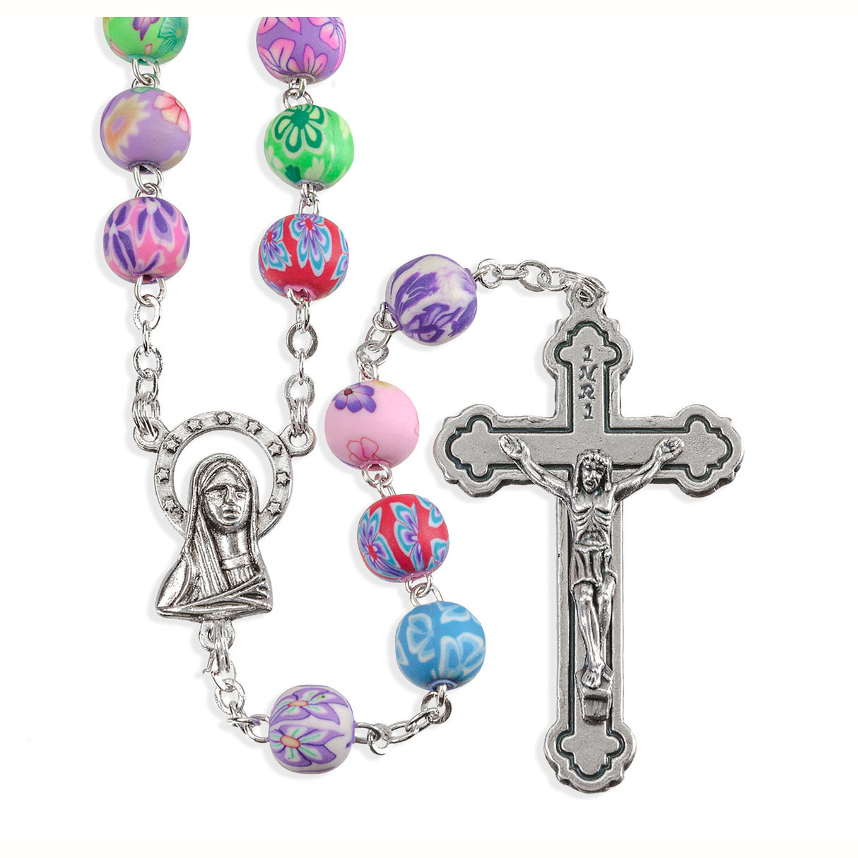 8mm Multi-Color Floral Fimo Bead Rosary - no. 1702-8