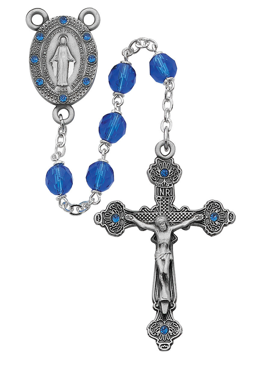 7mm Deluxe Blue Glass Rosary with Blue Stone Miraculous Medal