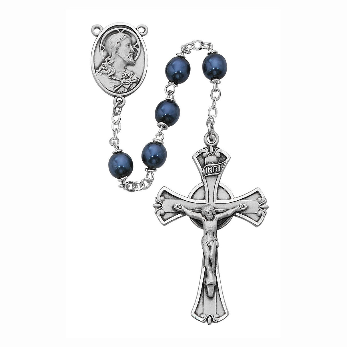 7mm Dark Blue Metallic Glass Bead Rosary 593D/F