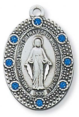 Sterling Silver Miraculous Medal with Blue Rhinestones  L581