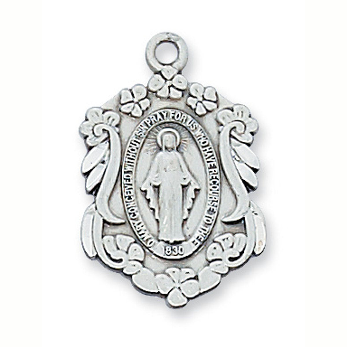 Ladies Silver Miraculous Medal in Floral & Scoll Frame L582