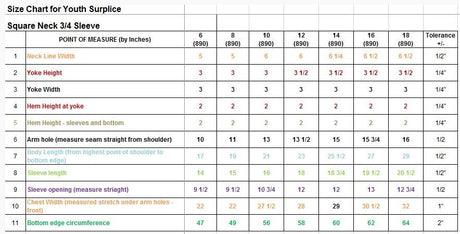 Altar Server Surplices with 3/4 Sleeve and Square Neck