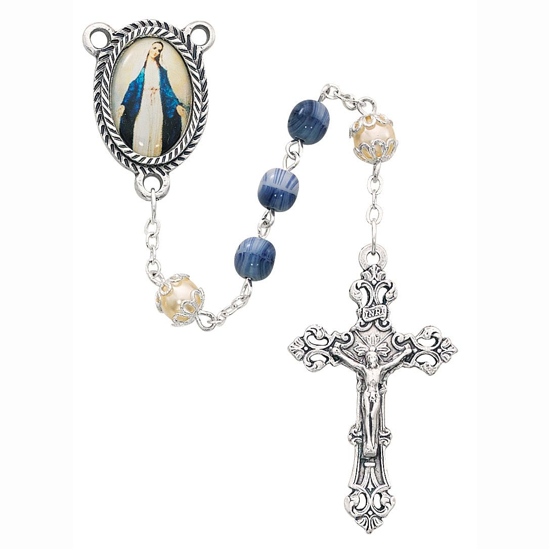 Italian Blue & Pearl Glass Rosary with Virgin Mary Color Center