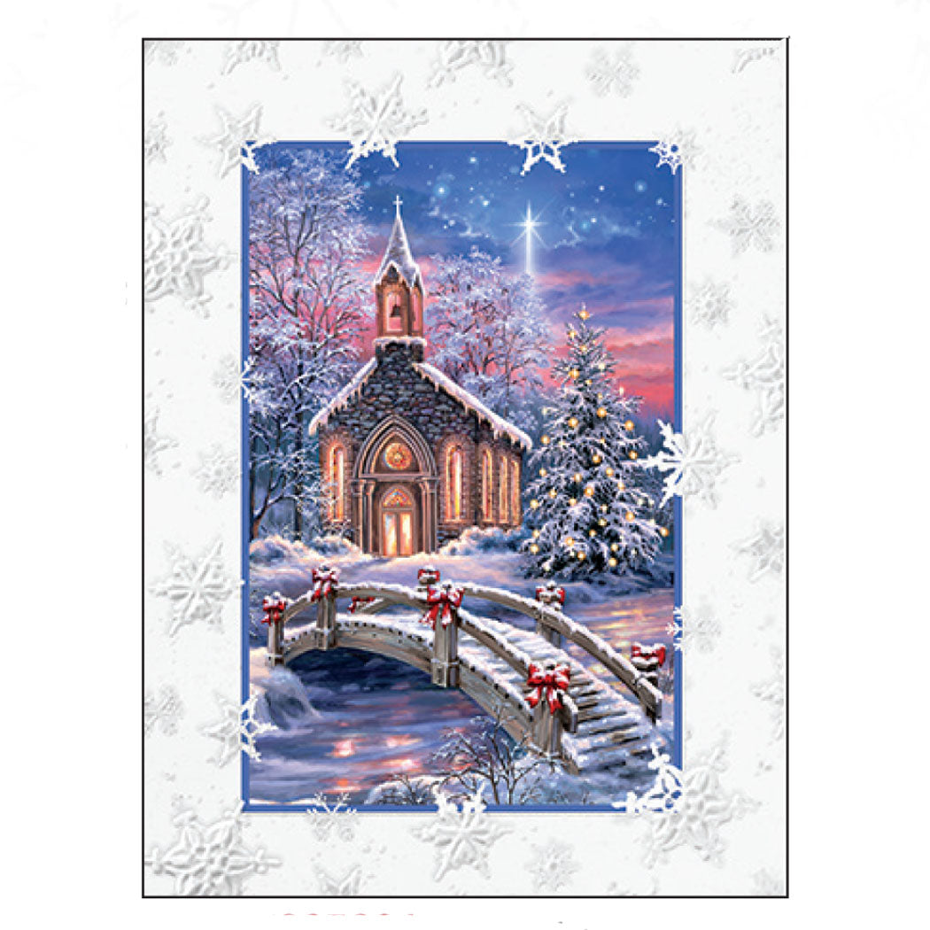 Embossed Snowy Church Religious Christmas Cards 15ct