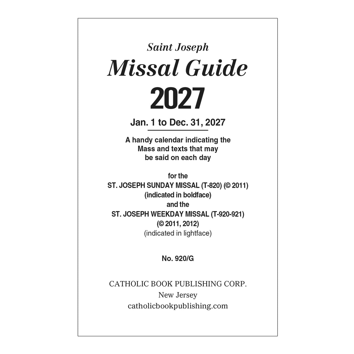 2027 Annual St Joseph Missal Guide