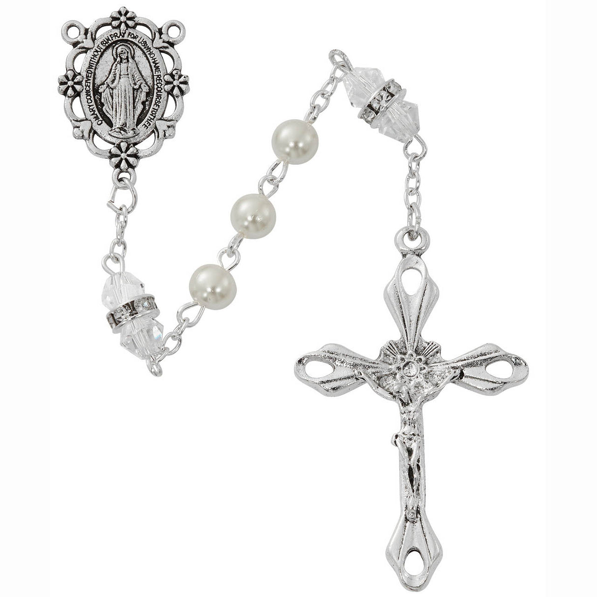 April Birthstone Pearl &  Clear Crystal Rosary - R917CRKF